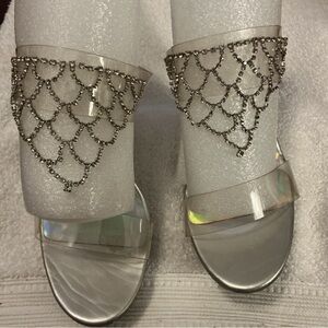 Vintage Elegant Rhinestone & Silver Women's Lucite High-Heeled Sandals